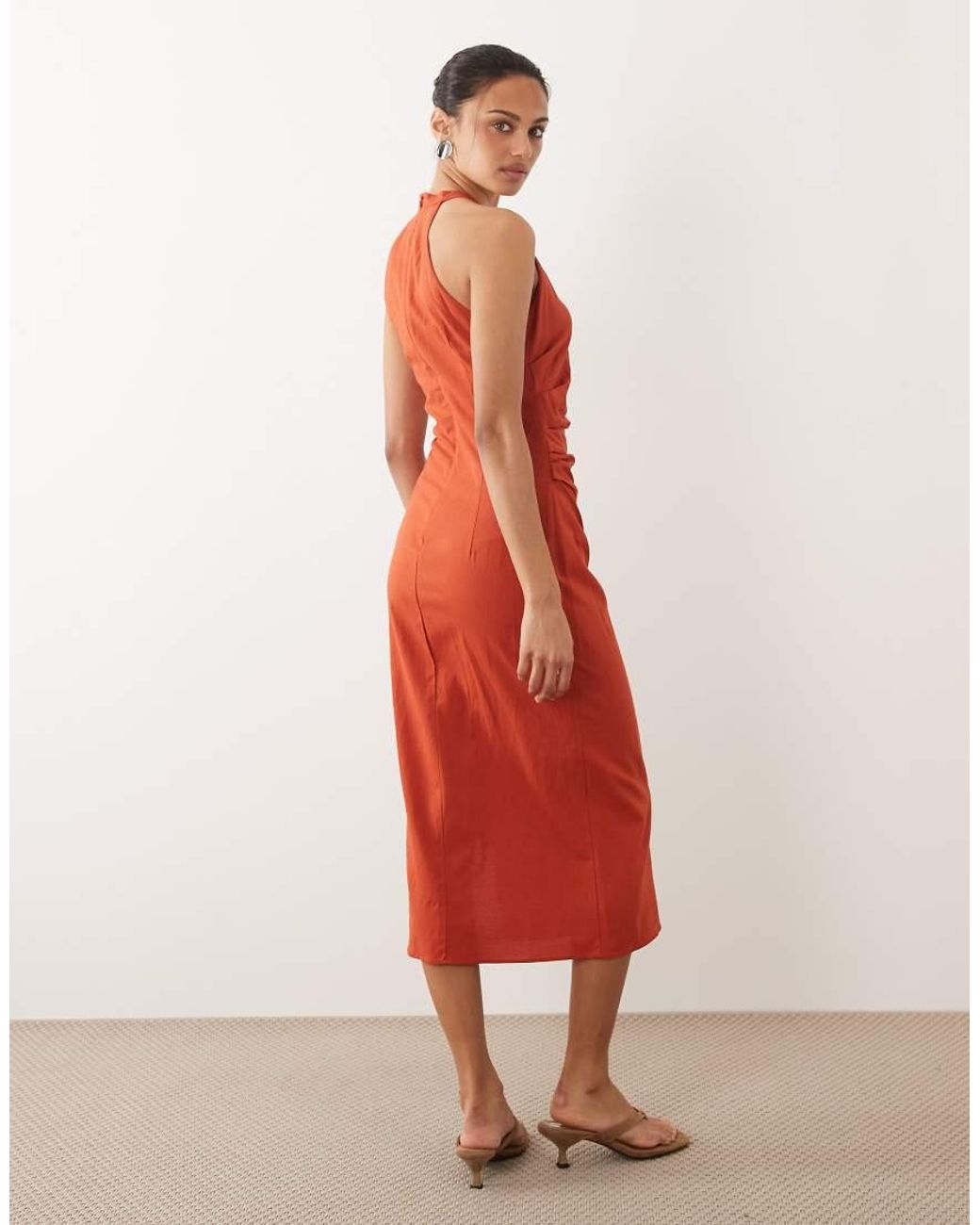 Mango Orange Halter Neck Sleeveless Dress With Drape Detail