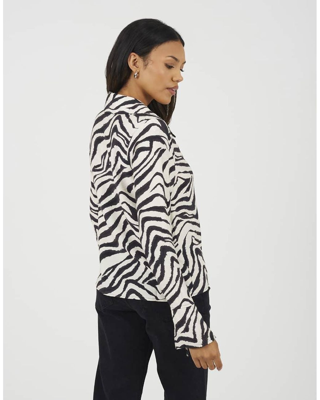 Brave Soul White Zebra Print Long Sleeve Collared Blouse