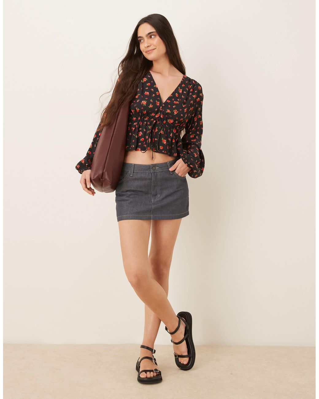 Mango Brown Tie Front Rose Print Blouse