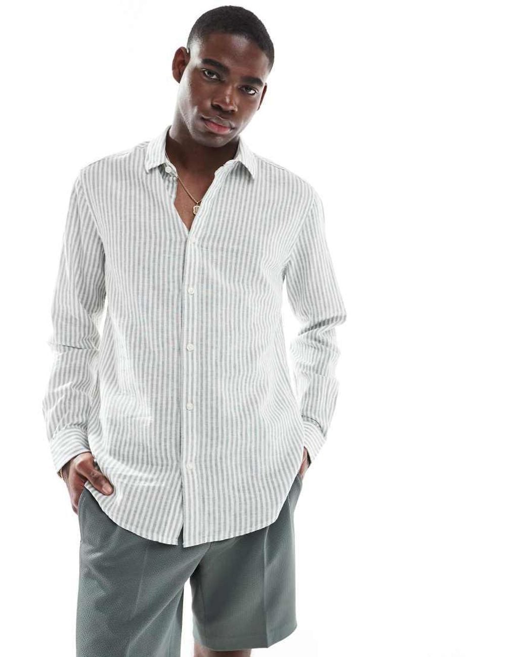 Only & Sons White Linen Mix Long Sleeve Shirt for men