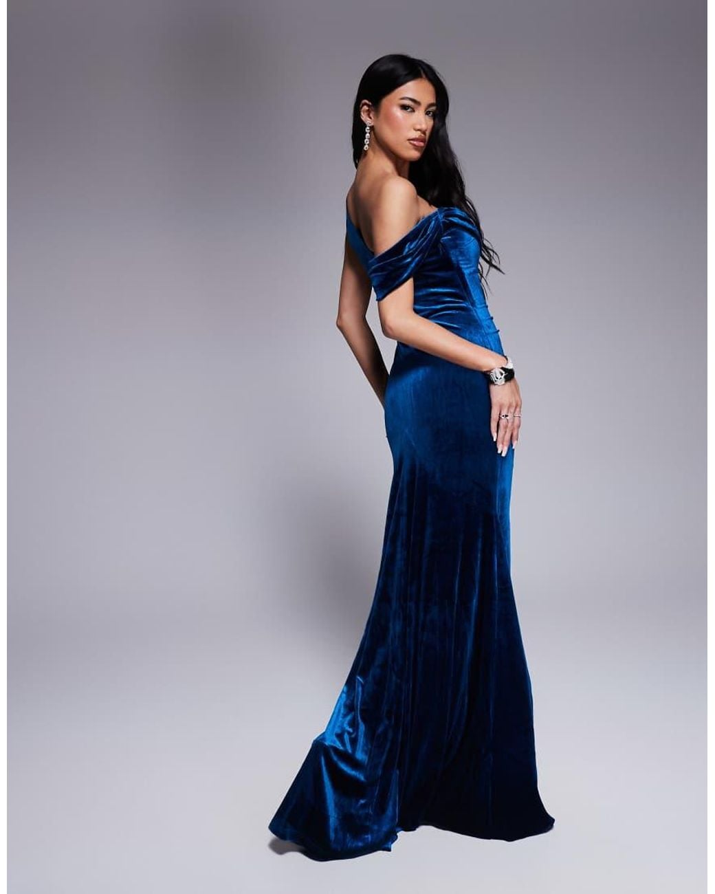 Goddiva Blue Cowl One Shoulder Velvet Maxi Dress
