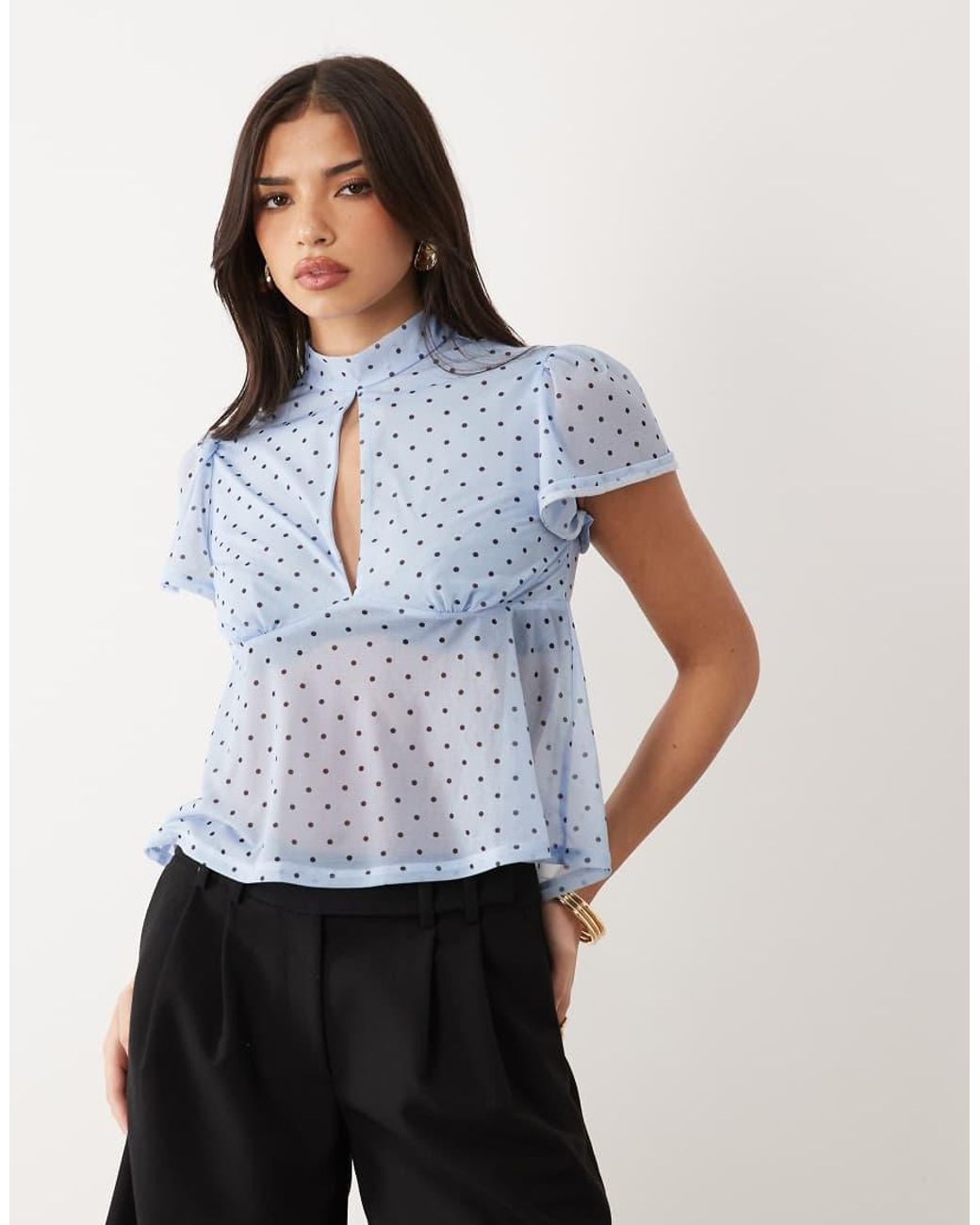 ASOS Blue Floaty Mesh Flutter Sleeve Top With Tie Back Detail