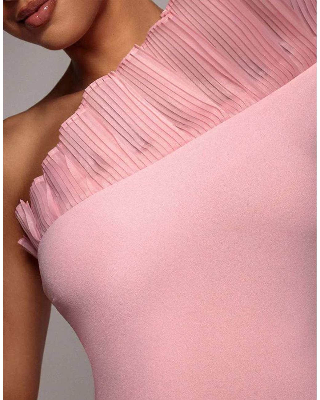 Goddiva Pink One Shoulder Organza Frill Pleated Mermaid Maxi Dress