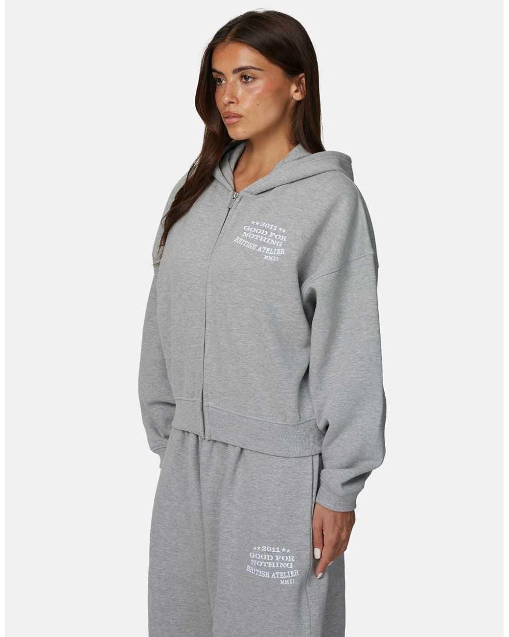 Good For Nothing Gray Baggy Zip Hoodie With Embroidered Logo