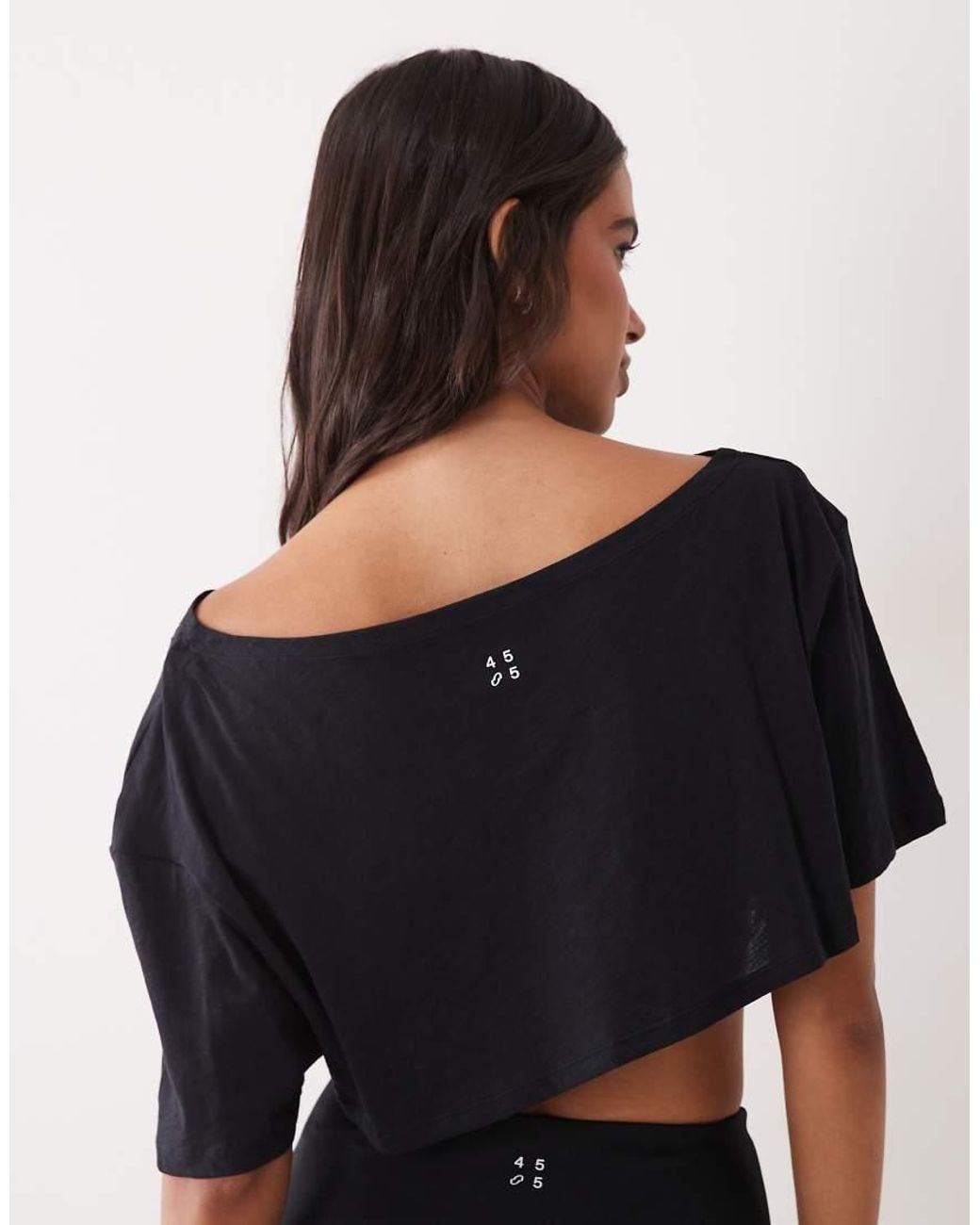 4505 Black Quick Dry Cotton Slub Texture Off The Shoulder Crop T-shirt