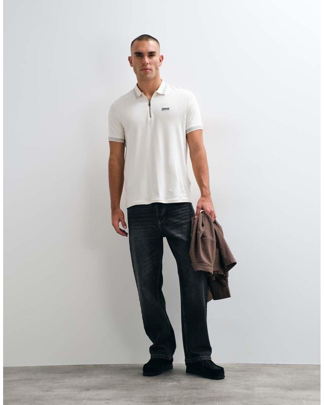 Barbour White Short Sleeve Half Zip Polo Shirt for men