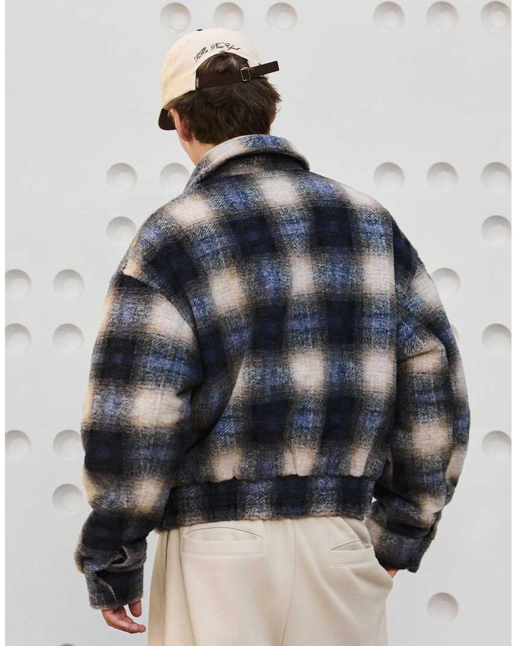Bershka Blue Checked Felt-effect Funnel Neck Bomber Jacket for men