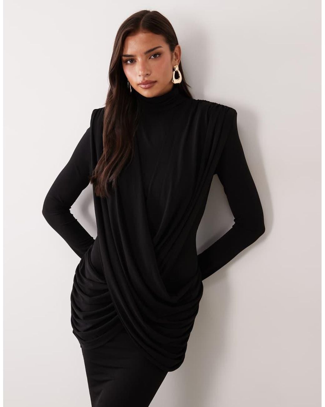 Ruched & Ready Black On My Level Sculpted High Neck Drape Front Maxi Dress