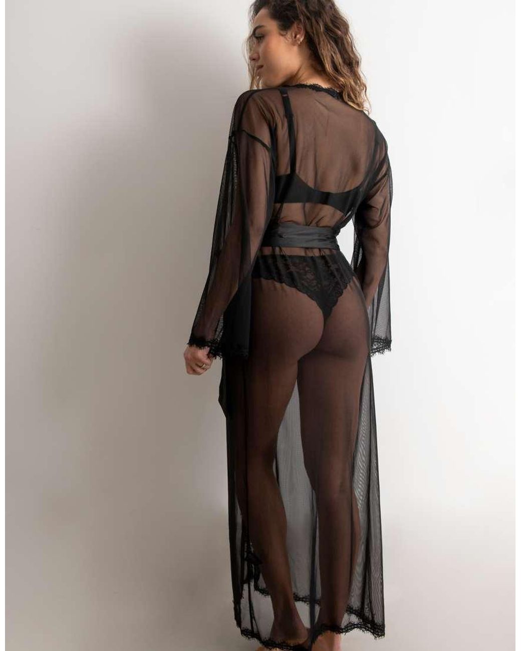 Pour Moi Brown For Your Eyes Only Mesh Lace Maxi Dressing Gown