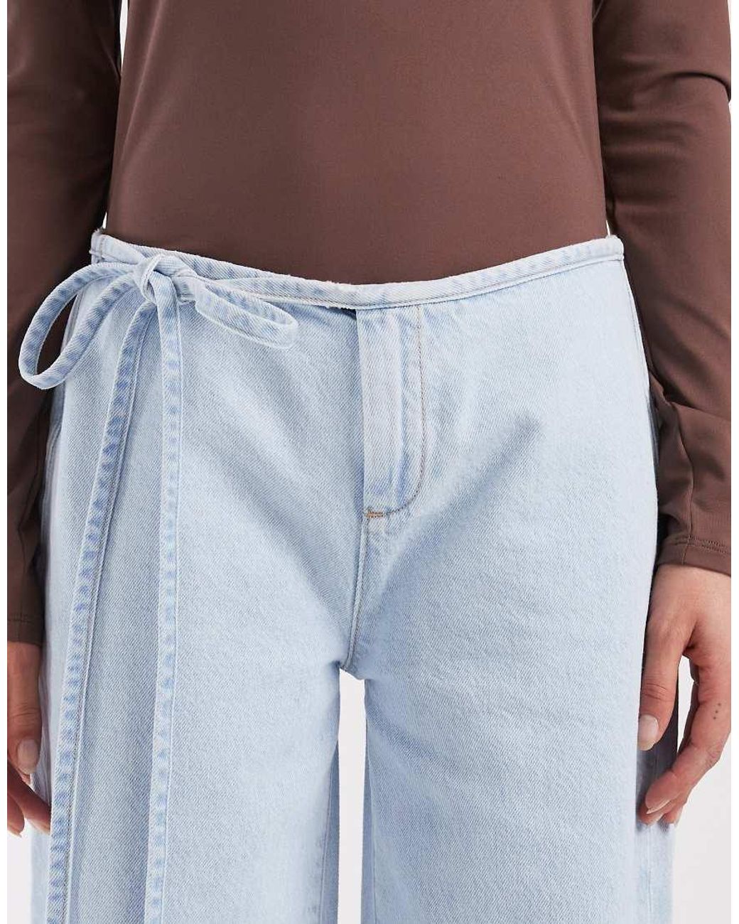 Mango Blue Teen 100% Cotton Wide Leg Jeans With Tie Waist