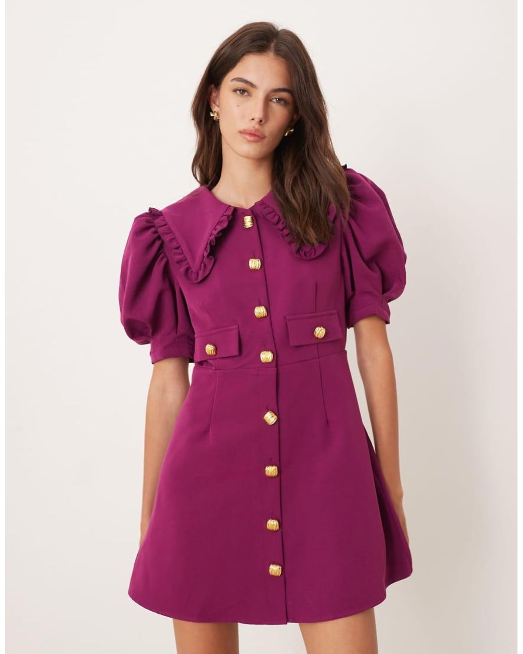 Sister Jane Purple Puff Sleeve Button Front Shirt Mini Dress