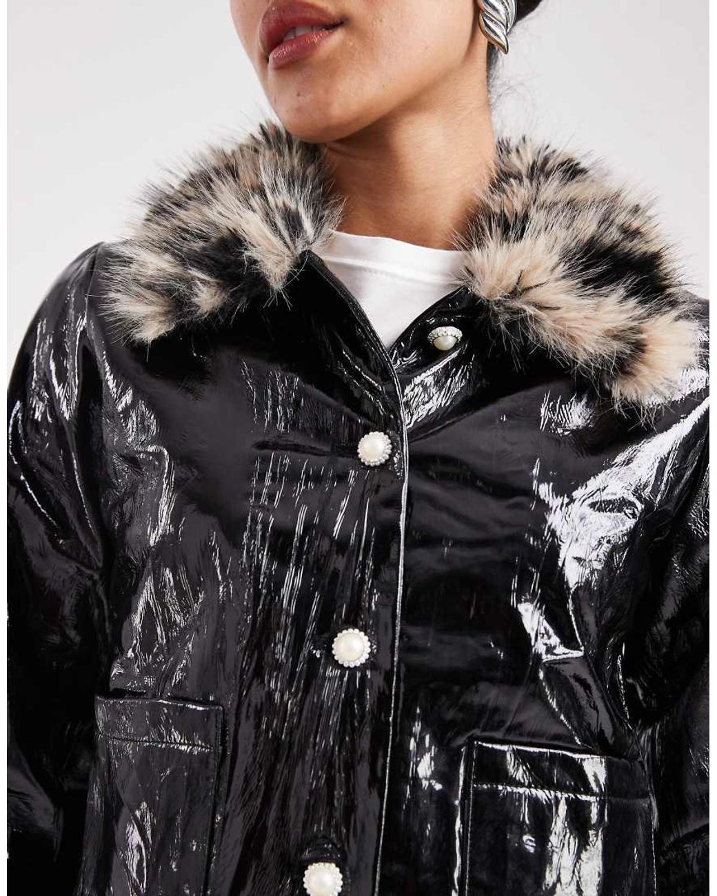 Sister Jane Black Crinkle Pu Jacket With Leopard Faux Fur Collar