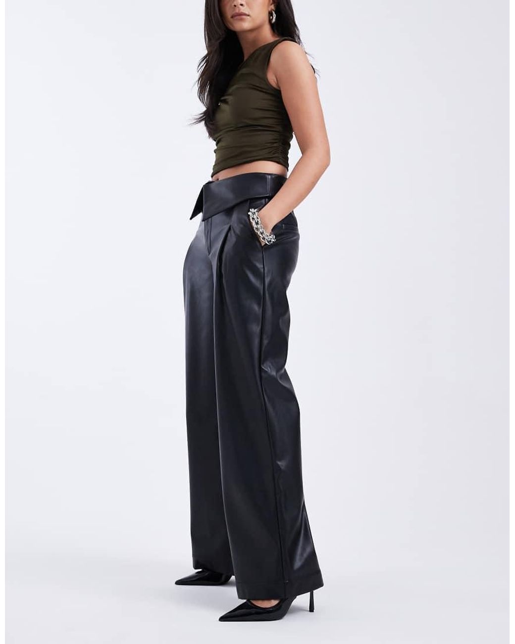 ASOS Blue Faux Leather Wide Leg Pants With Fold Over Waist Detailing
