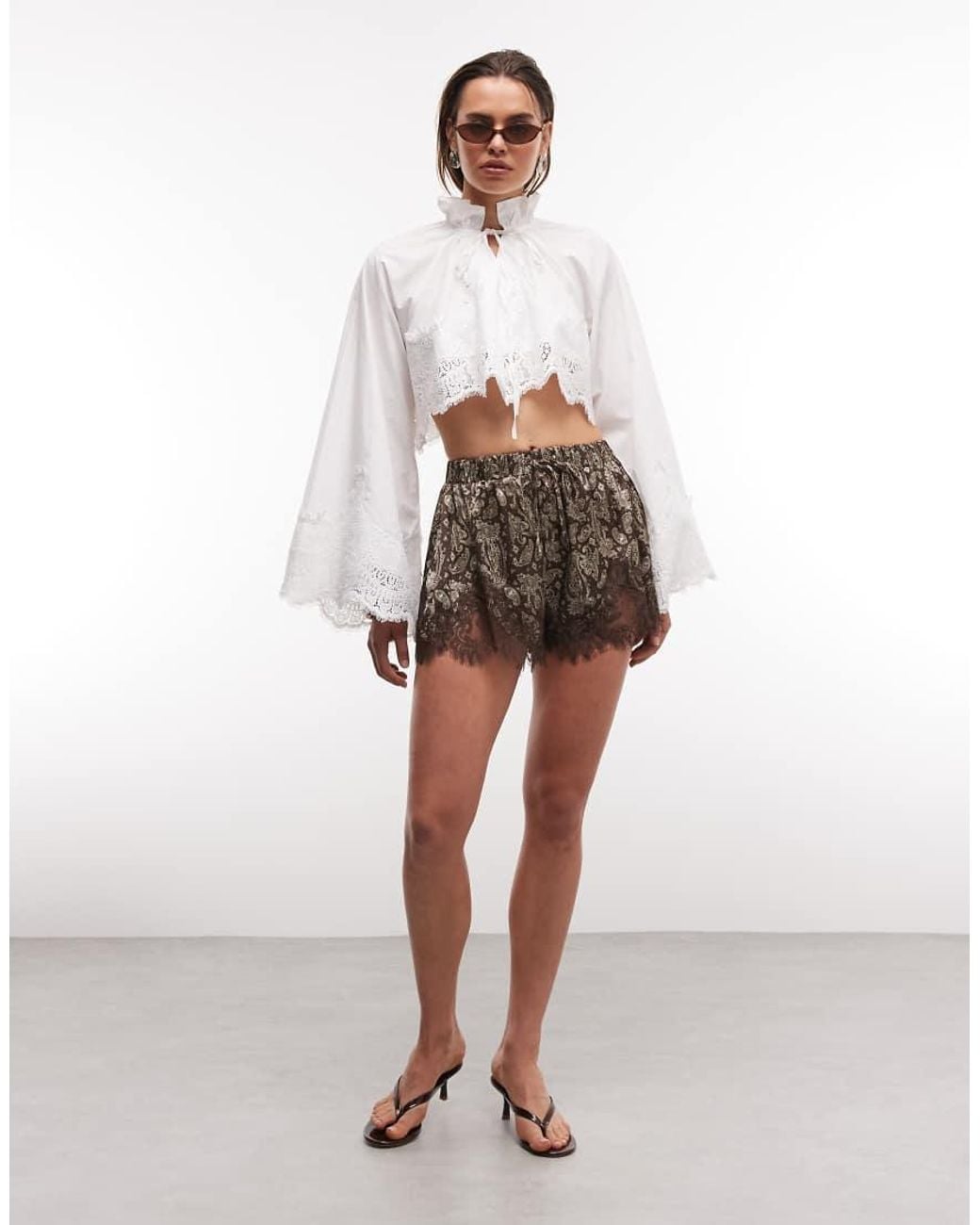 Noughts & Kisses White Flared Sleeve Scalloped Lace Hem Tie Detail Cropped Shirt