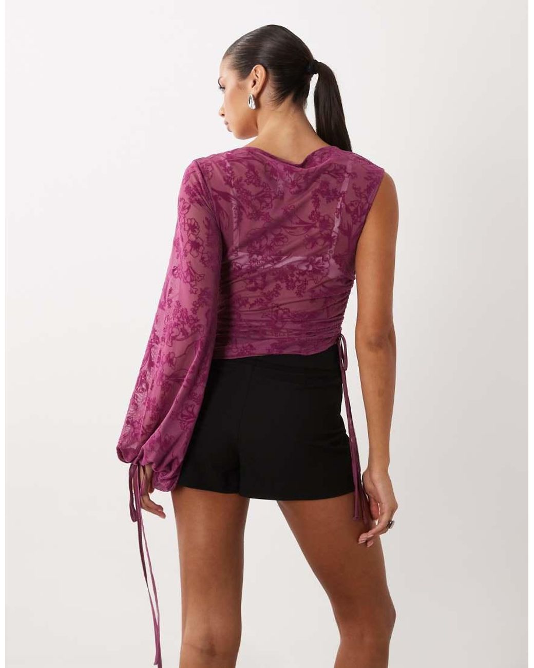 ASOS Red Flocked Mesh One Shoulder Cape Sleeve Top