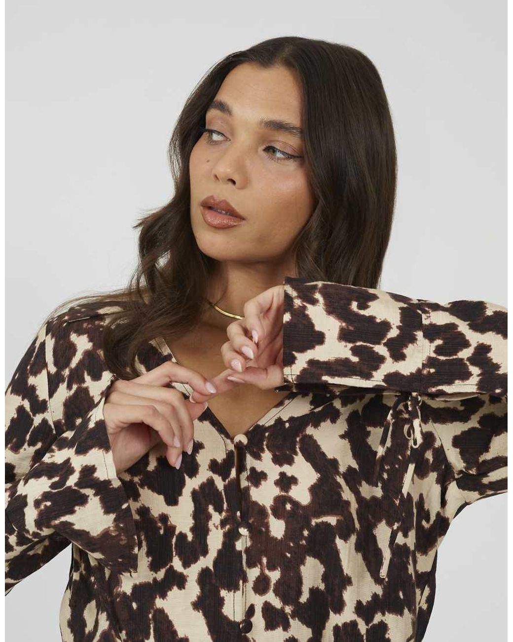 Brave Soul Brown Cow Print Long Sleeve Collared Blouse