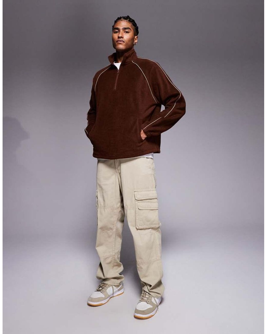 ASOS Brown Relaxed Funnel Neck Fleece Sweatshirt With Piping for men