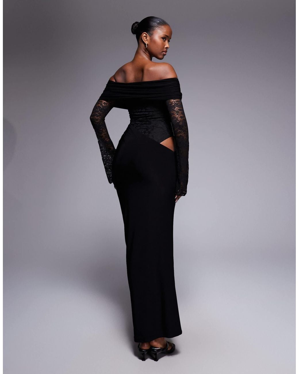 Kaiia Exclusive Double Layered Slinky Lace Off The Shoulder Maxi Dress ...