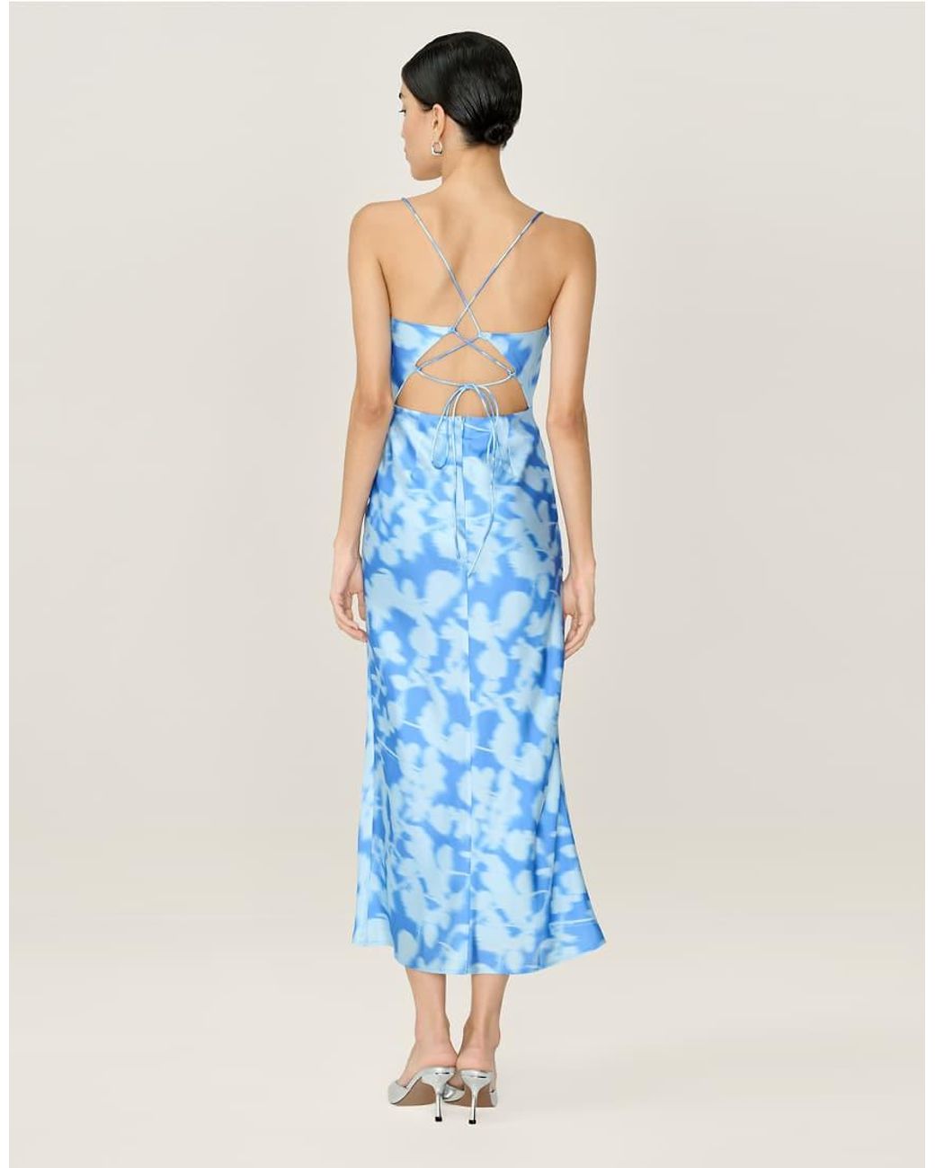 OMNES Blue Dresses Riviera Satin Floral Midi Dress With Lace-Up Back