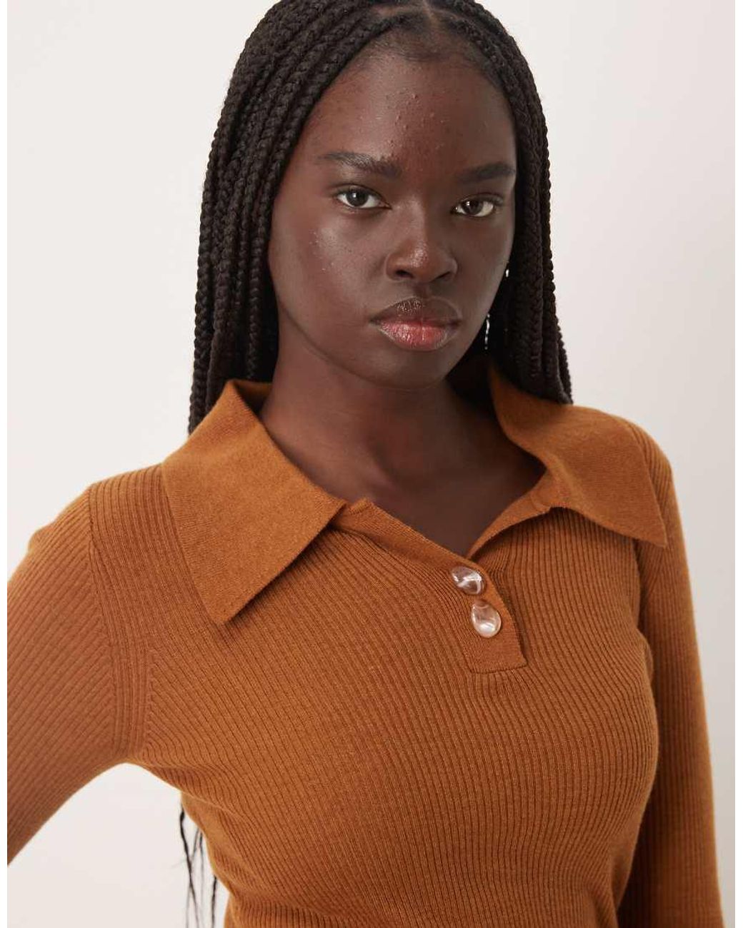 Mango Brown Polo Top With Flared Sleeves