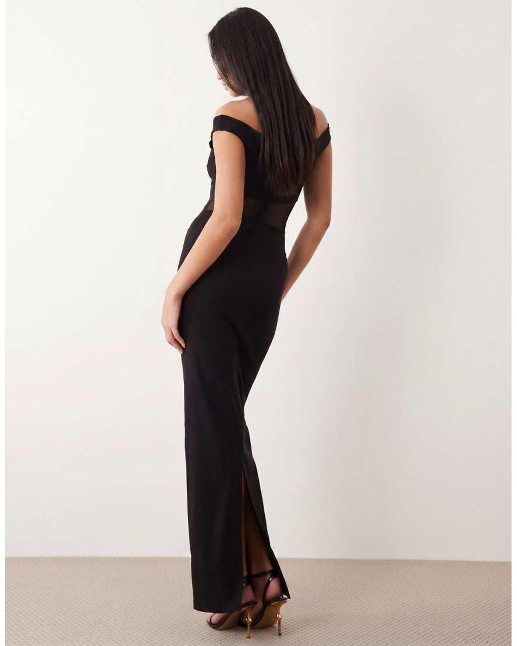 Vesper Black Bengaline Sweetheart Neckline Off Shoulder Mesh Panel Maxi Dress