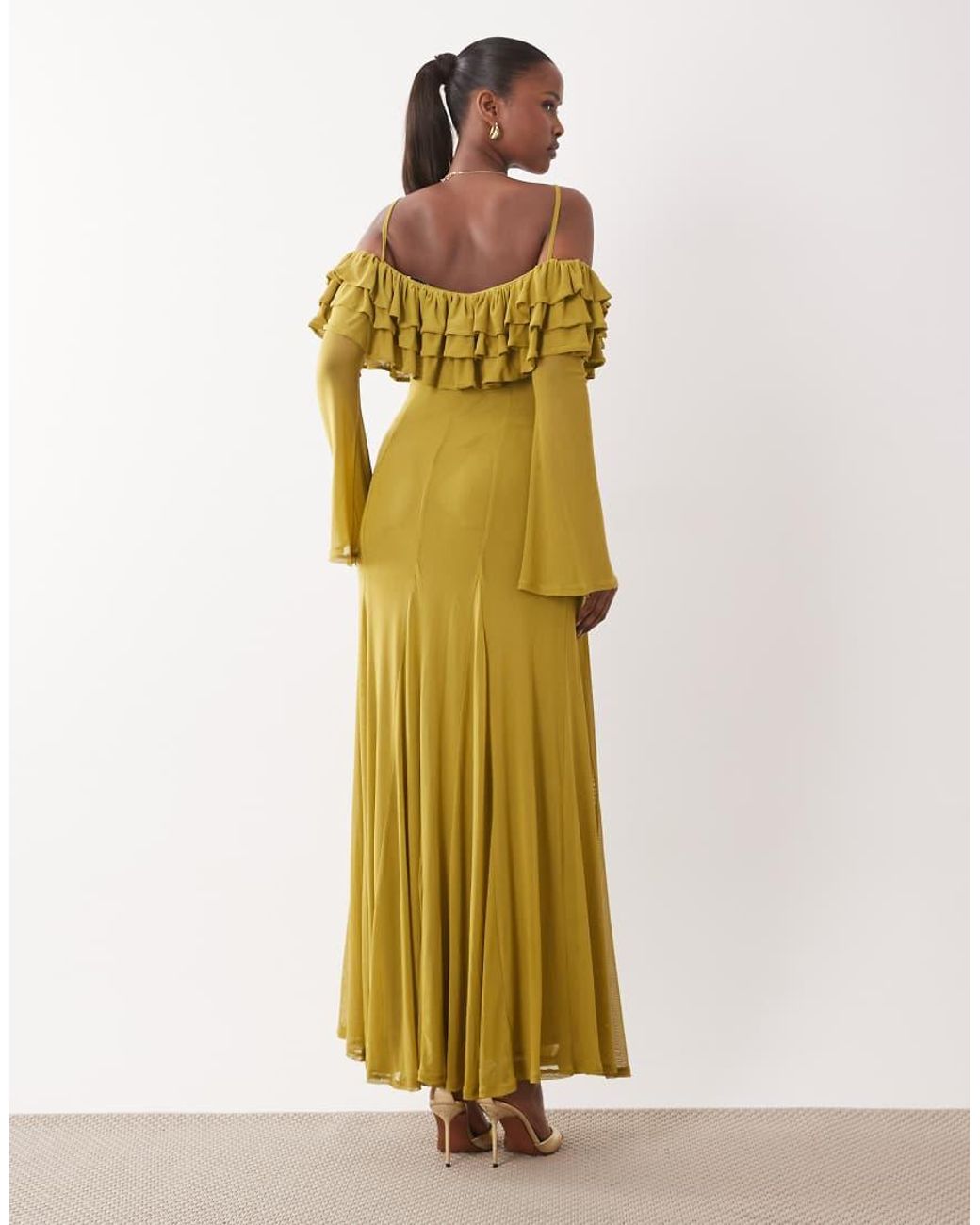 ASOS Yellow Mesh Off Shoulder Ruffle Maxi Dress With Full Godets