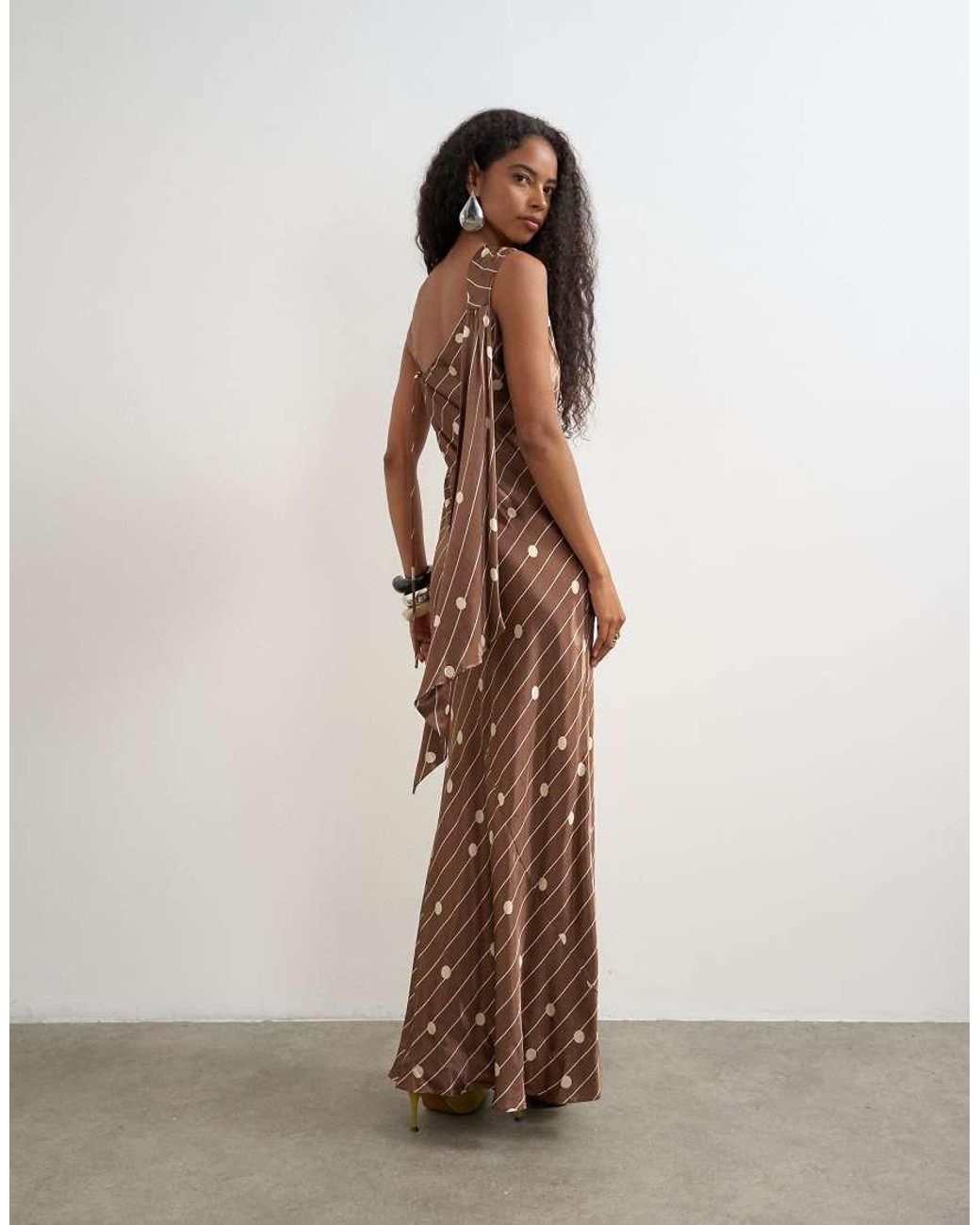 TOPSHOP Brown Satin Polka Dot Asymmetric Maxi Dress