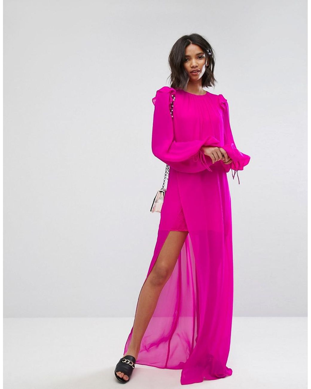 Mango Silk Chiffon Maxi Dress In Bright Pink | Lyst