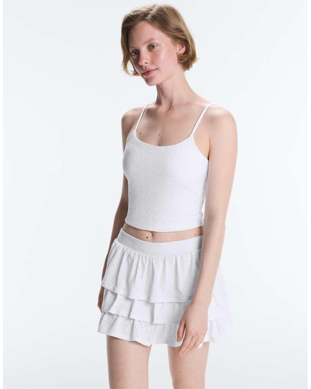 Oysho White Embroidered Comfortlux Tank Top