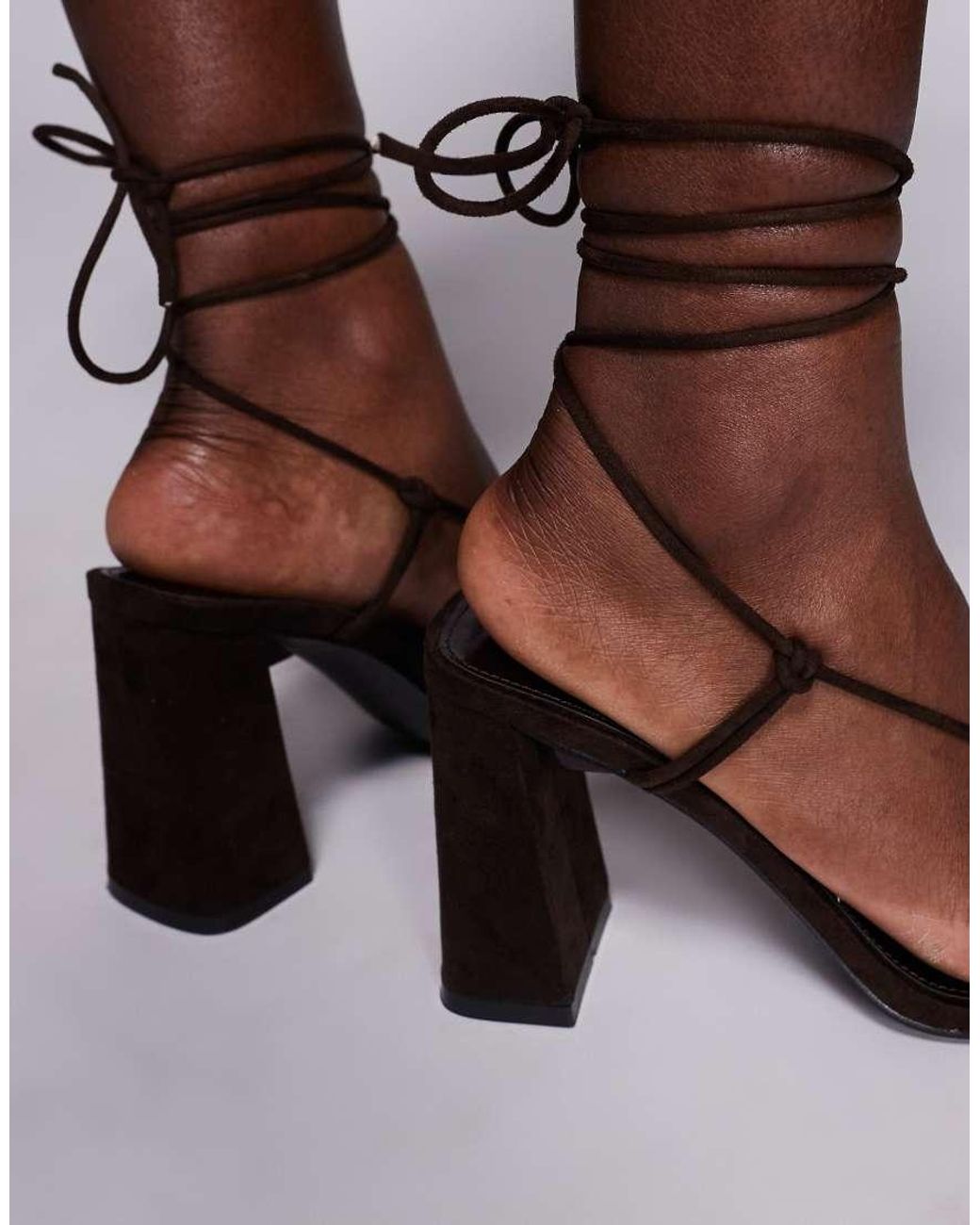 Public Desire Brown Karia Tie Leg Block Heeled Sandals