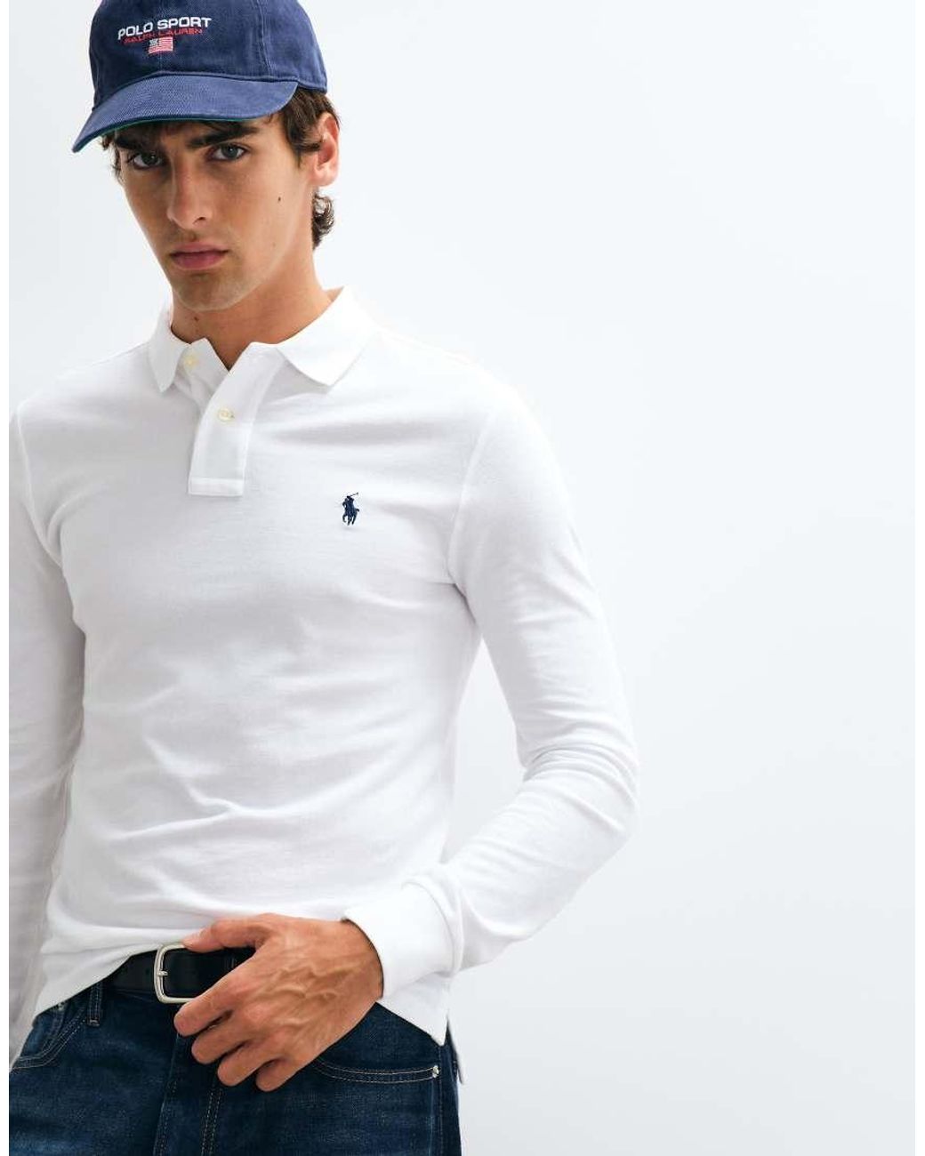 Polo Ralph Lauren White Icon Logo Slim Fit Long Sleeve Pique Polo for men