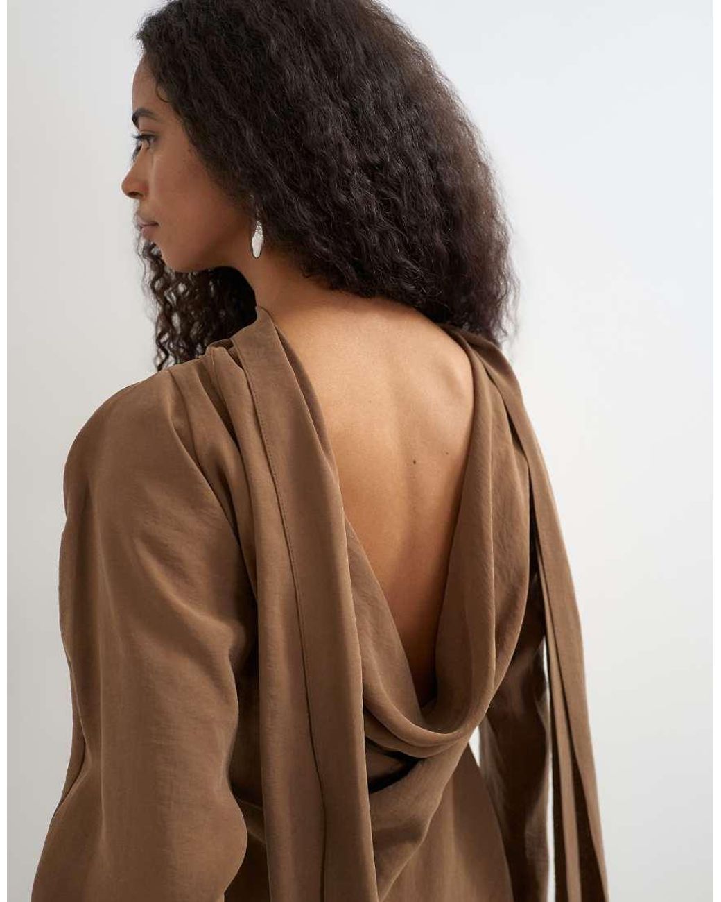TOPSHOP Brown Cupro Long Sleeve Scarf Neck Cowl Back Mini Dress