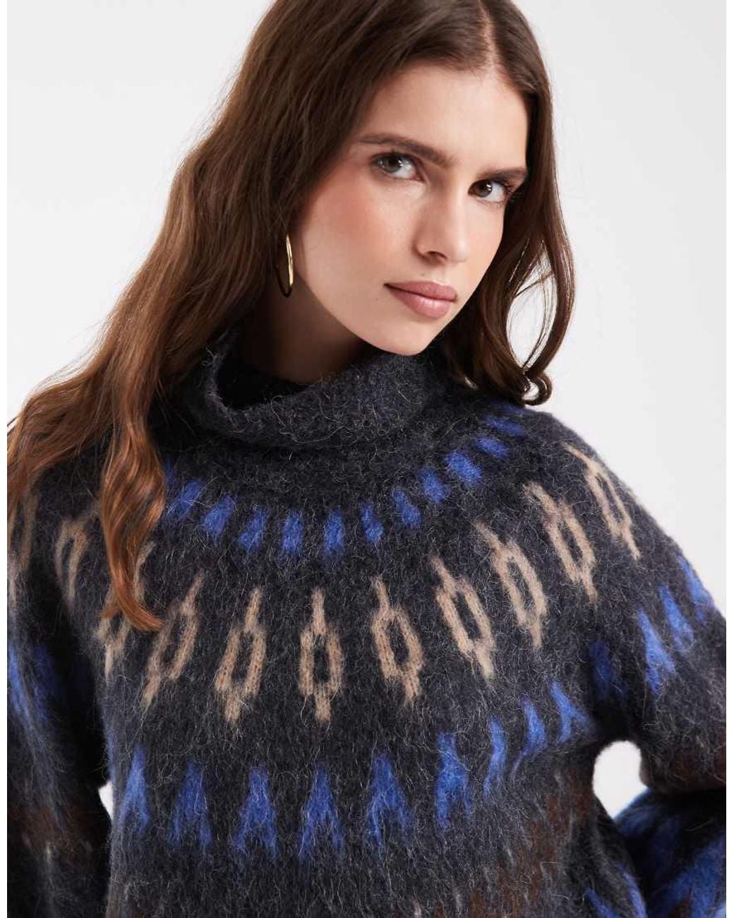 Object Blue Roll Neck Fairisle Knit Jumper
