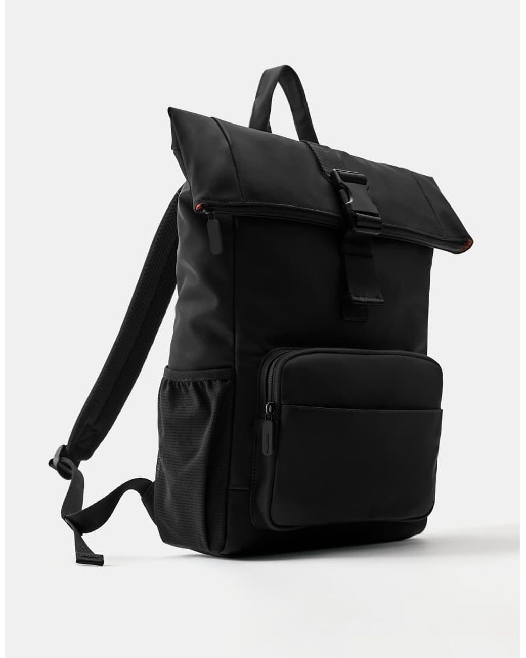 Pull&Bear Black Rubberised Flap Backpack for men
