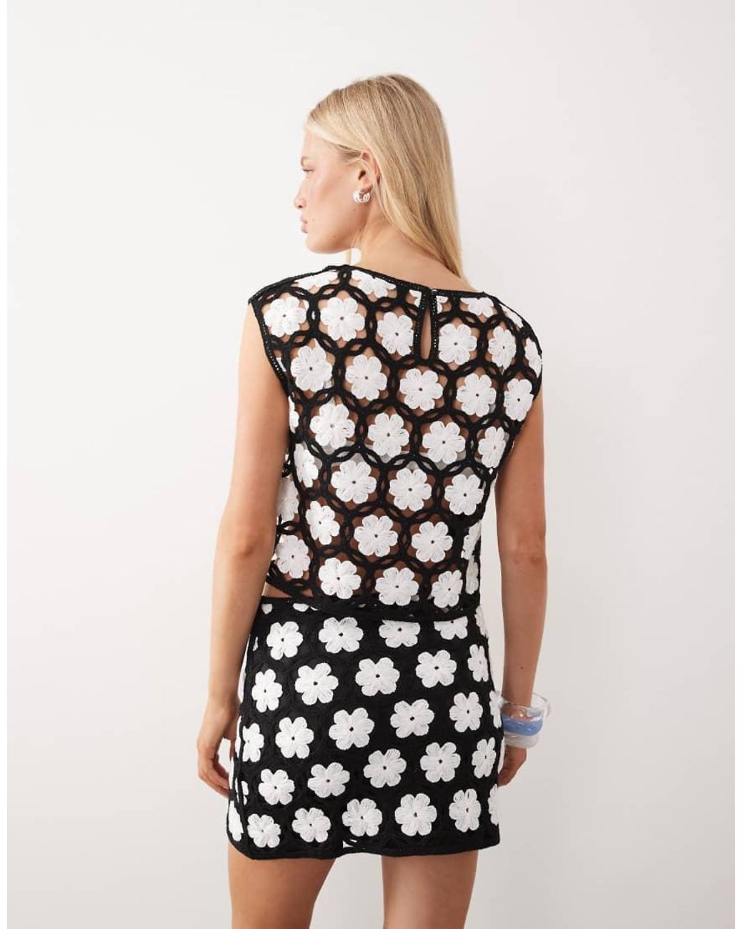 Mango Black Parasol Crochet Sheer Cap Sleeve Crop Top Co-ord With Flower Detail