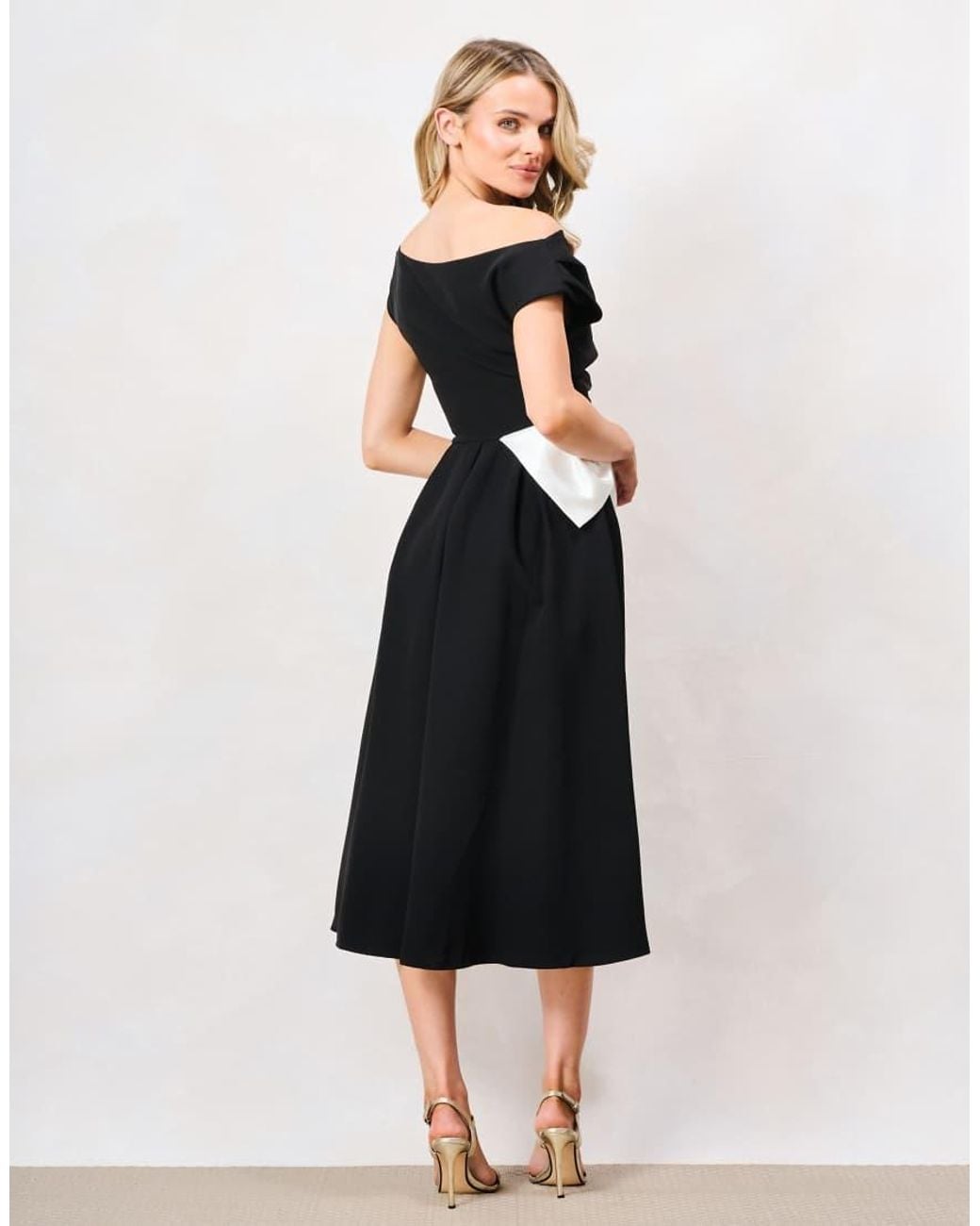 Hope & Ivy Black The Natalie Bardot Neck Skater Midi Dress With Bow Detailing