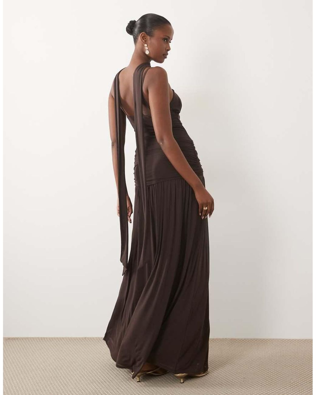 ASOS Brown Ruched Bust Mesh Maxi Dress With Scarf Detail