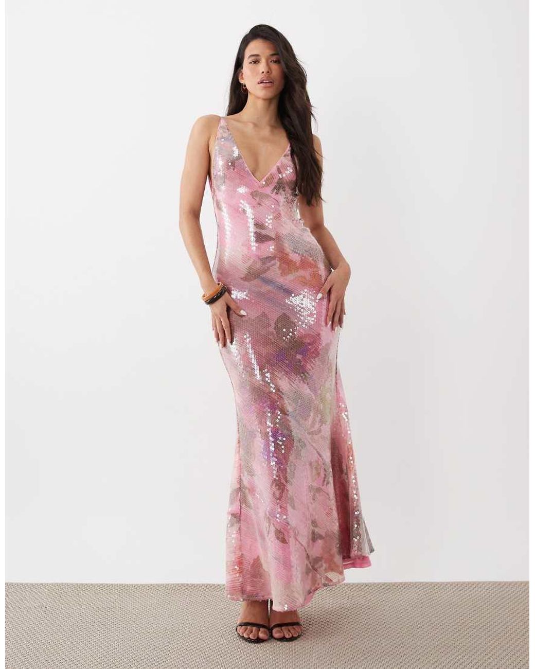 ASOS Pink Glass Sequin Deep Plunge Fishtail Maxi Dress
