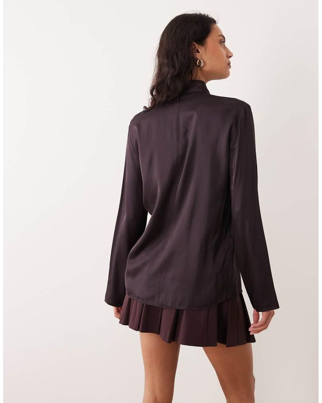 Mango Brown Capsule Satin High Neck Long Sleeve Blouse