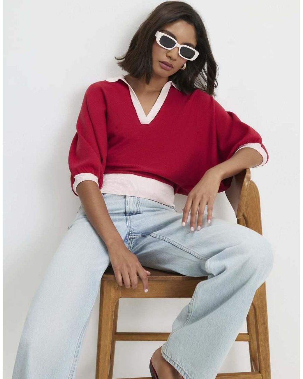 River Island Red Knitted Colour Block Slouch Polo Top