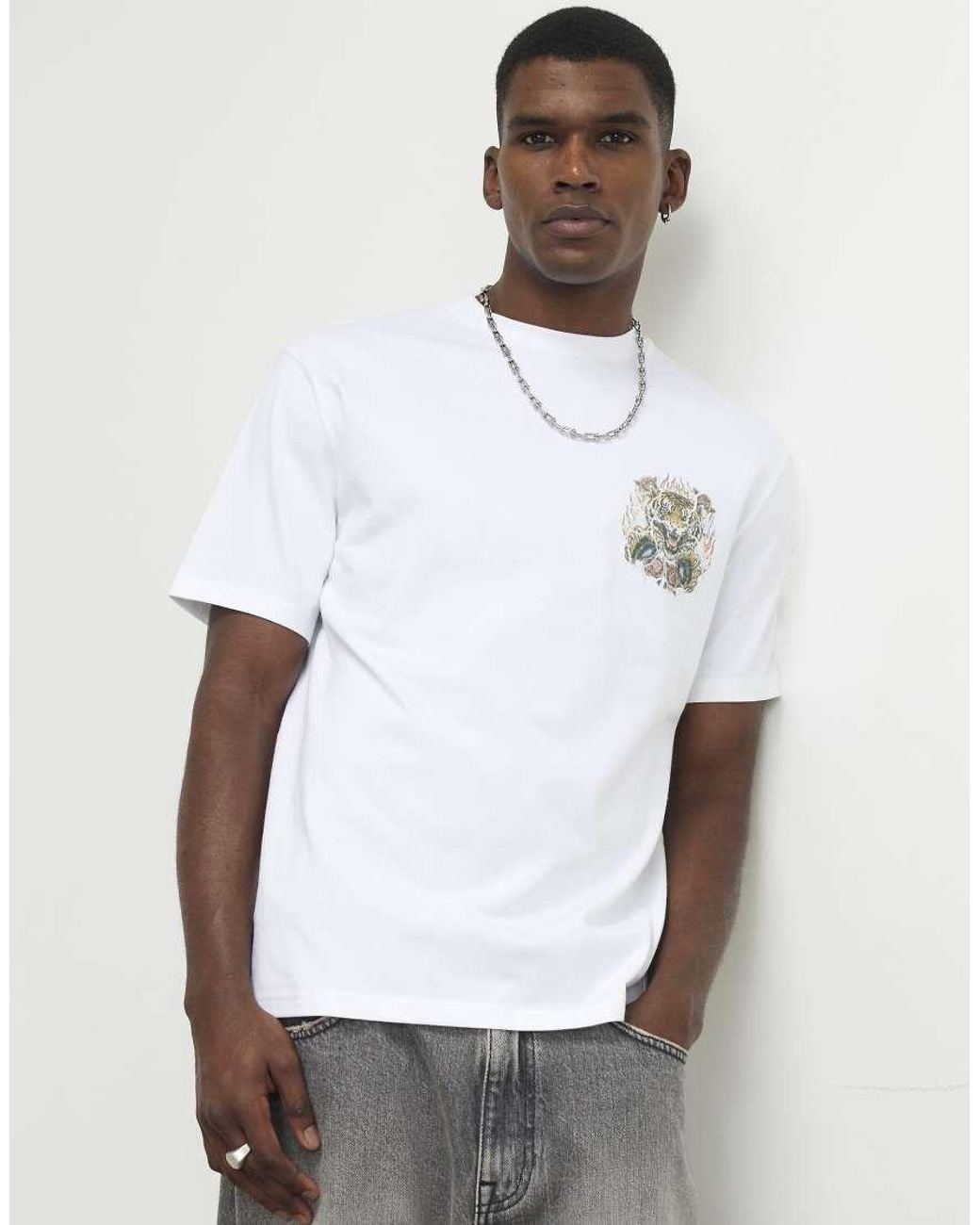 River Island Gray Cotton Kanagawa Tiger T-Shirt for men