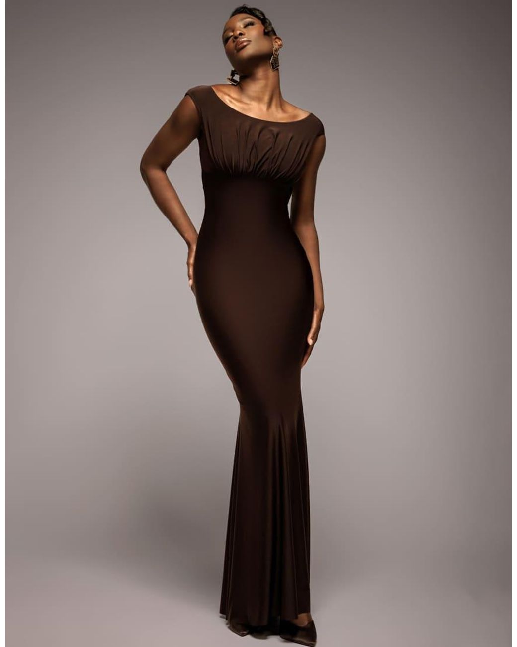 Goddiva Brown Open Back Cowl Neck Gathered Maxi Dress With Velvet Tie Back