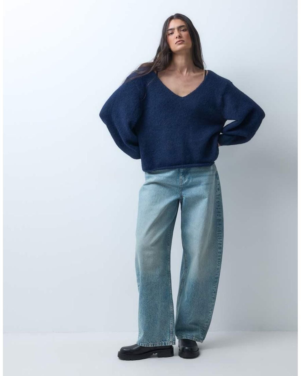 Monki Blue Knitted V-neck Jumper
