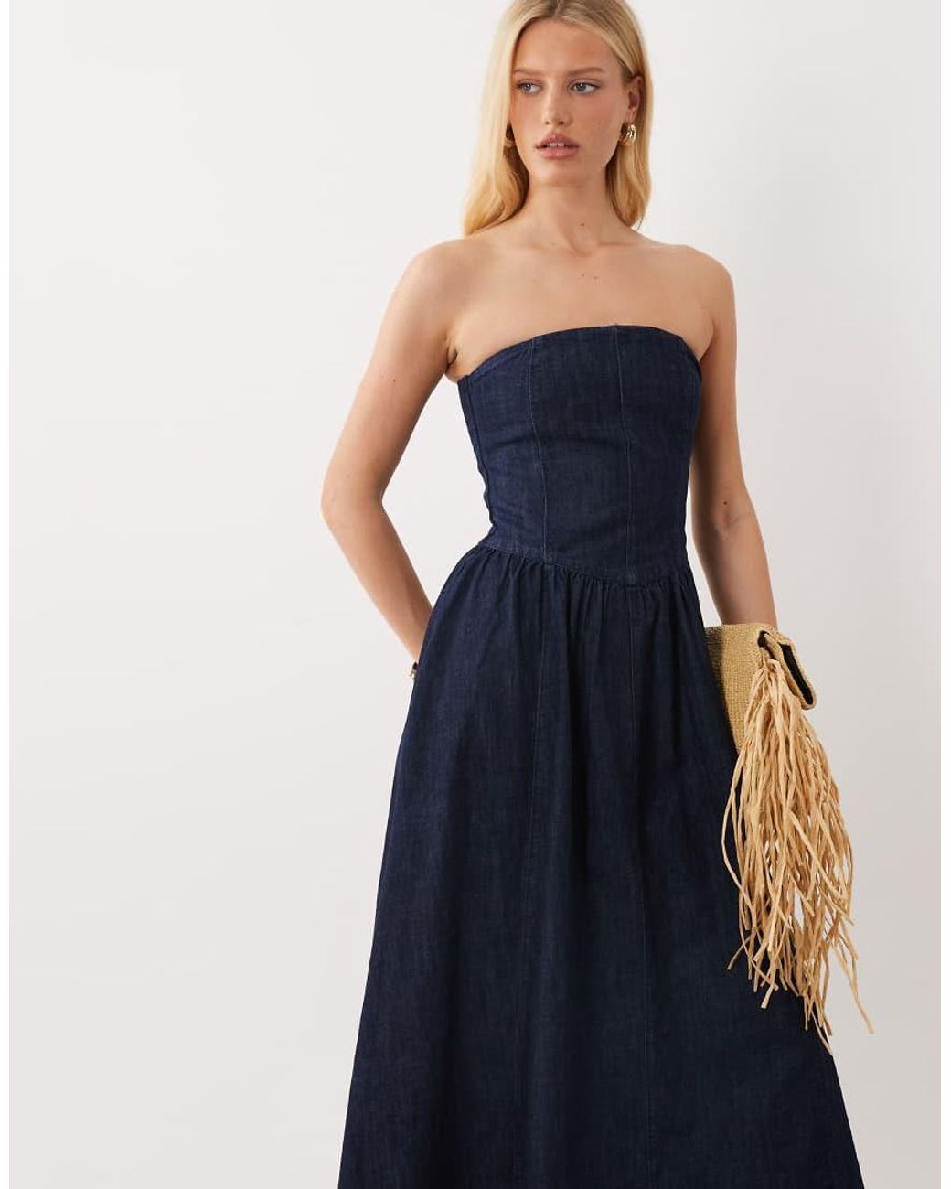 Mango Blue 100% Cotton Denim Off The Shoulder Midaxi Dress