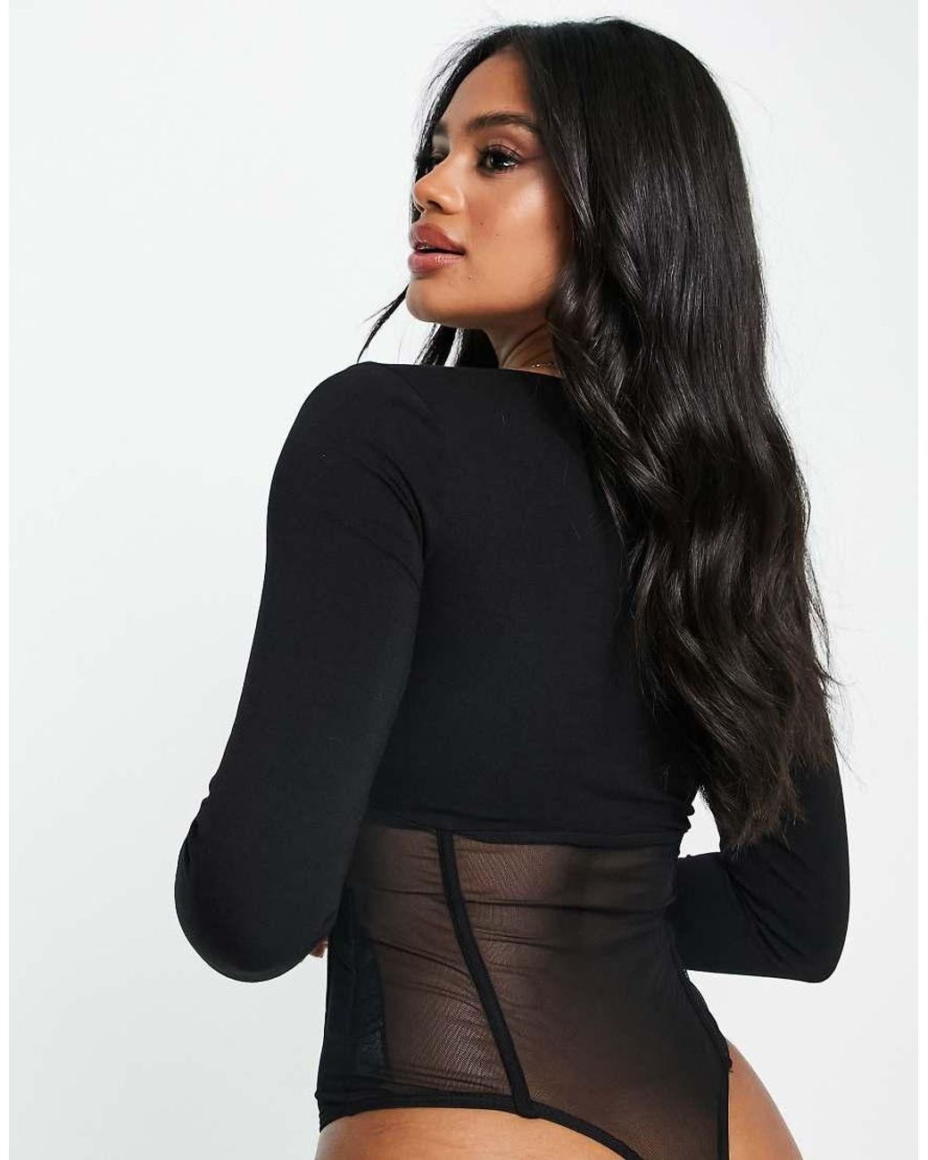 ASOS Black Corset Style Sweetheart Neck Mesh Bodysuit