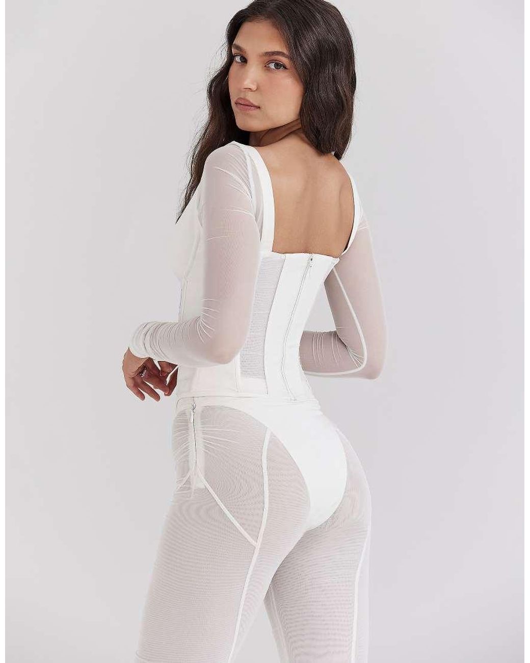 House Of Cb White Araminta Long Sleeve Mesh Corset