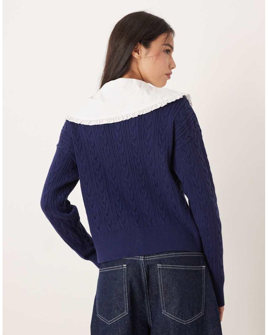 Glamorous Blue Cable Knit Dramatic Collar Cardigan