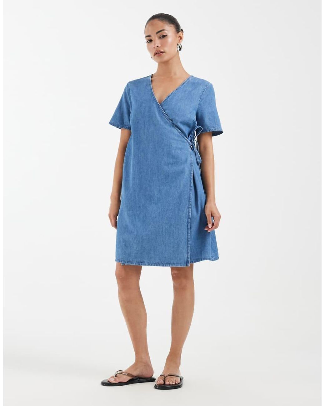 Vero Moda Blue Short Sleeve Wrap Front Denim Mini Dress
