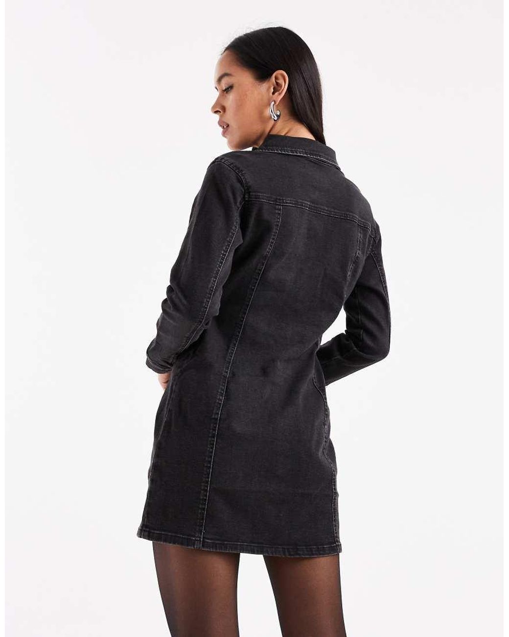 ASOS Black Denim Long Sleeve Fitted Shirt Dress