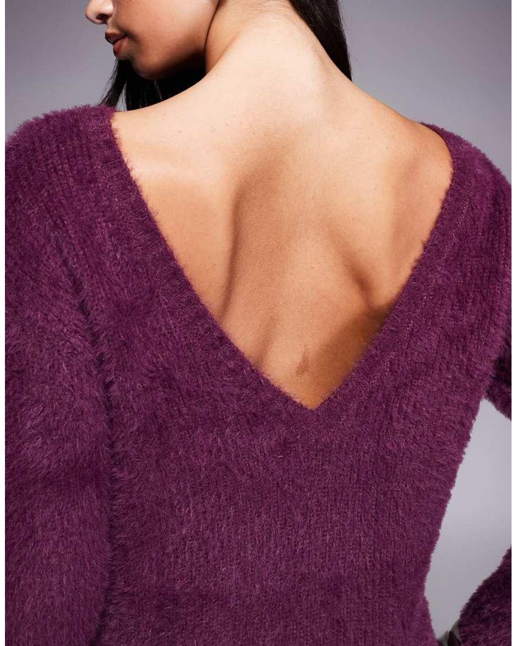 Aria Cove Purple Fluffy Knit Reversible Low Back Mini Sweater Dress